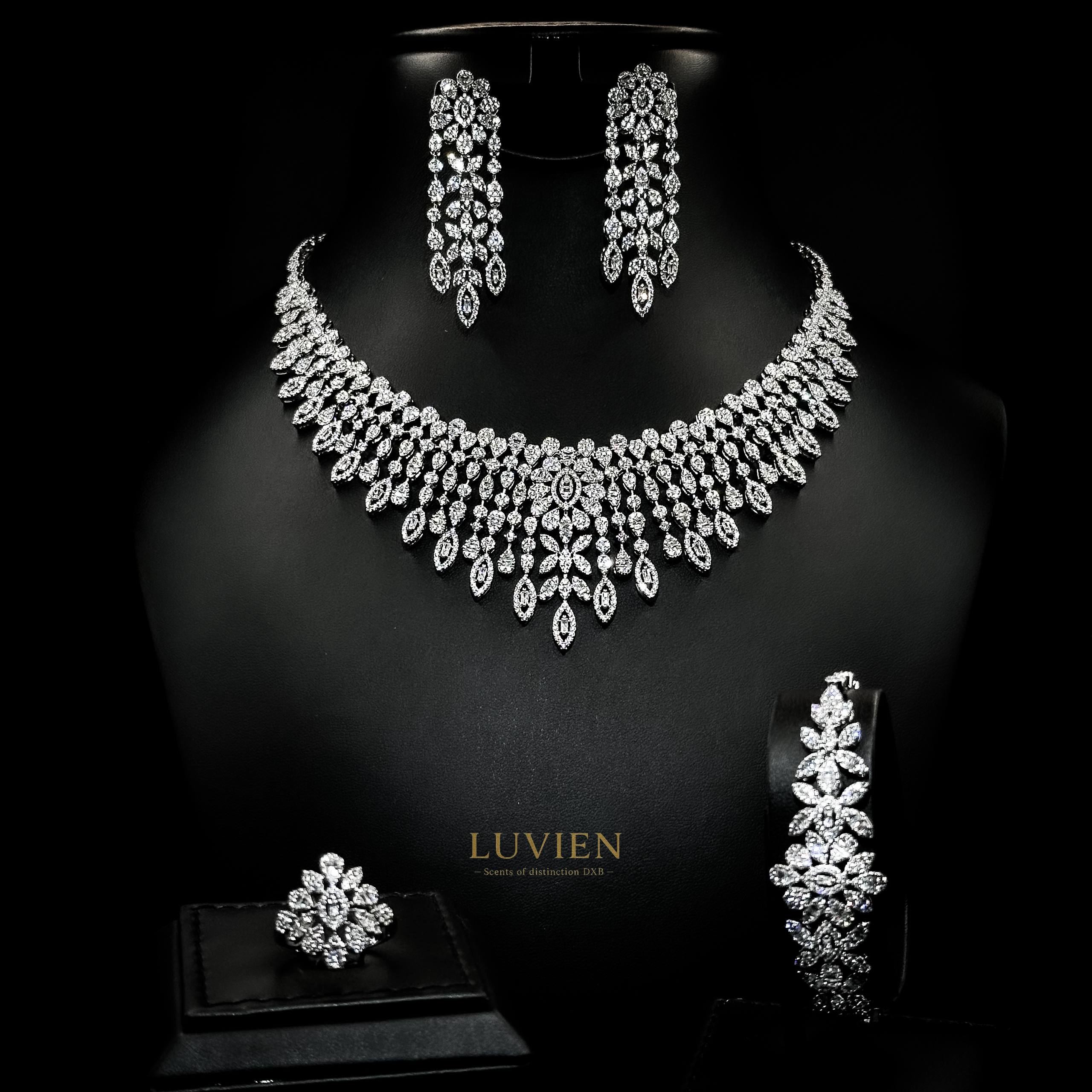 Luvien Bloom Alessia Luxury Bridal Jewelry Set Rhodium Plated Zirconia Wedding Set Choker, Chandelier Earrings, Statement Bangle & Cocktail Ring