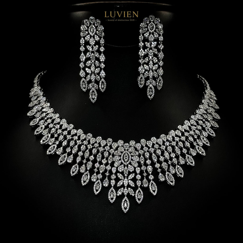 Luvien Bloom Alessia Luxury Bridal Jewelry Set Rhodium Plated Zirconia Wedding Set Choker, Chandelier Earrings, Statement Bangle & Cocktail Ring