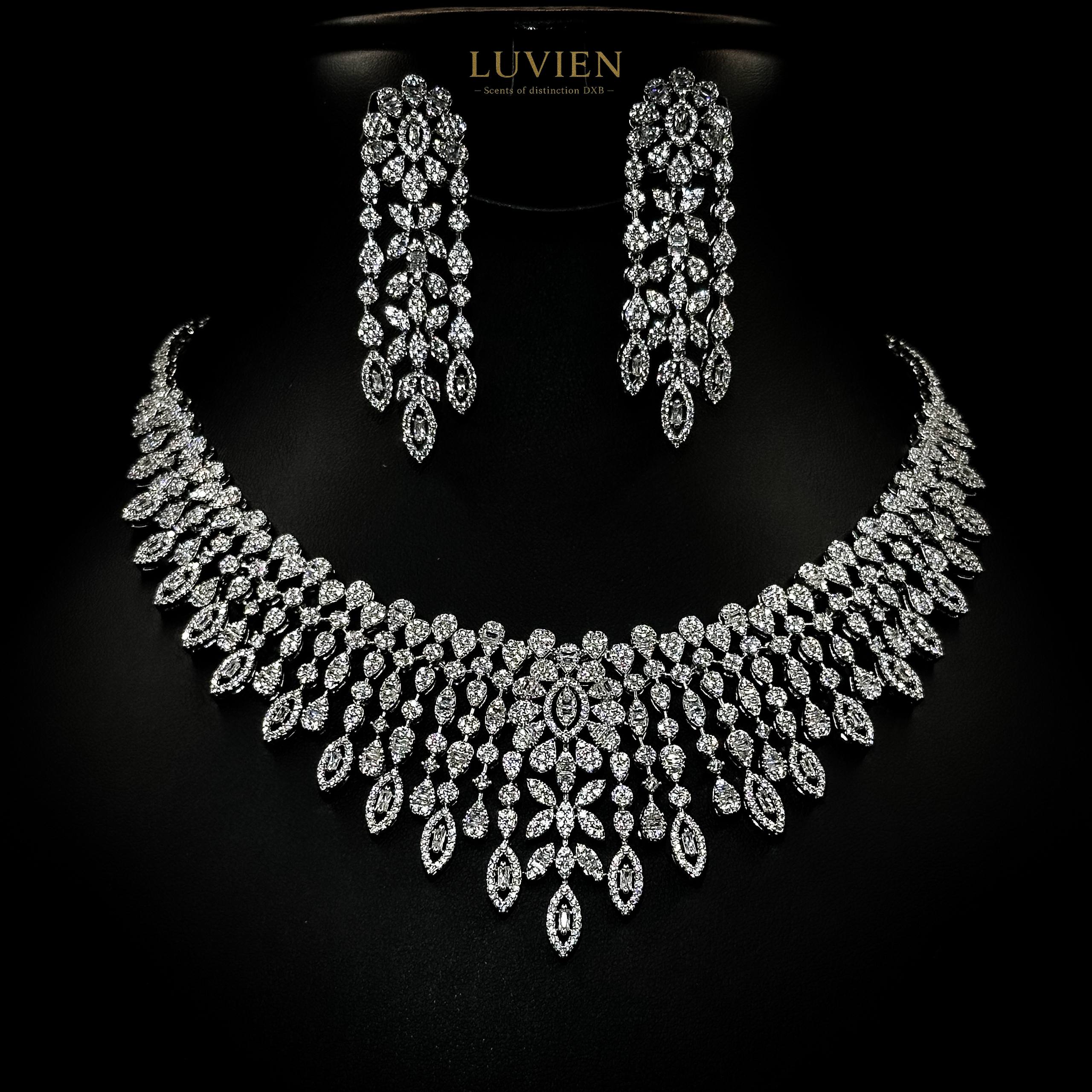 Luvien Bloom Alessia Luxury Bridal Jewelry Set Rhodium Plated Zirconia Wedding Set Choker, Chandelier Earrings, Statement Bangle & Cocktail Ring