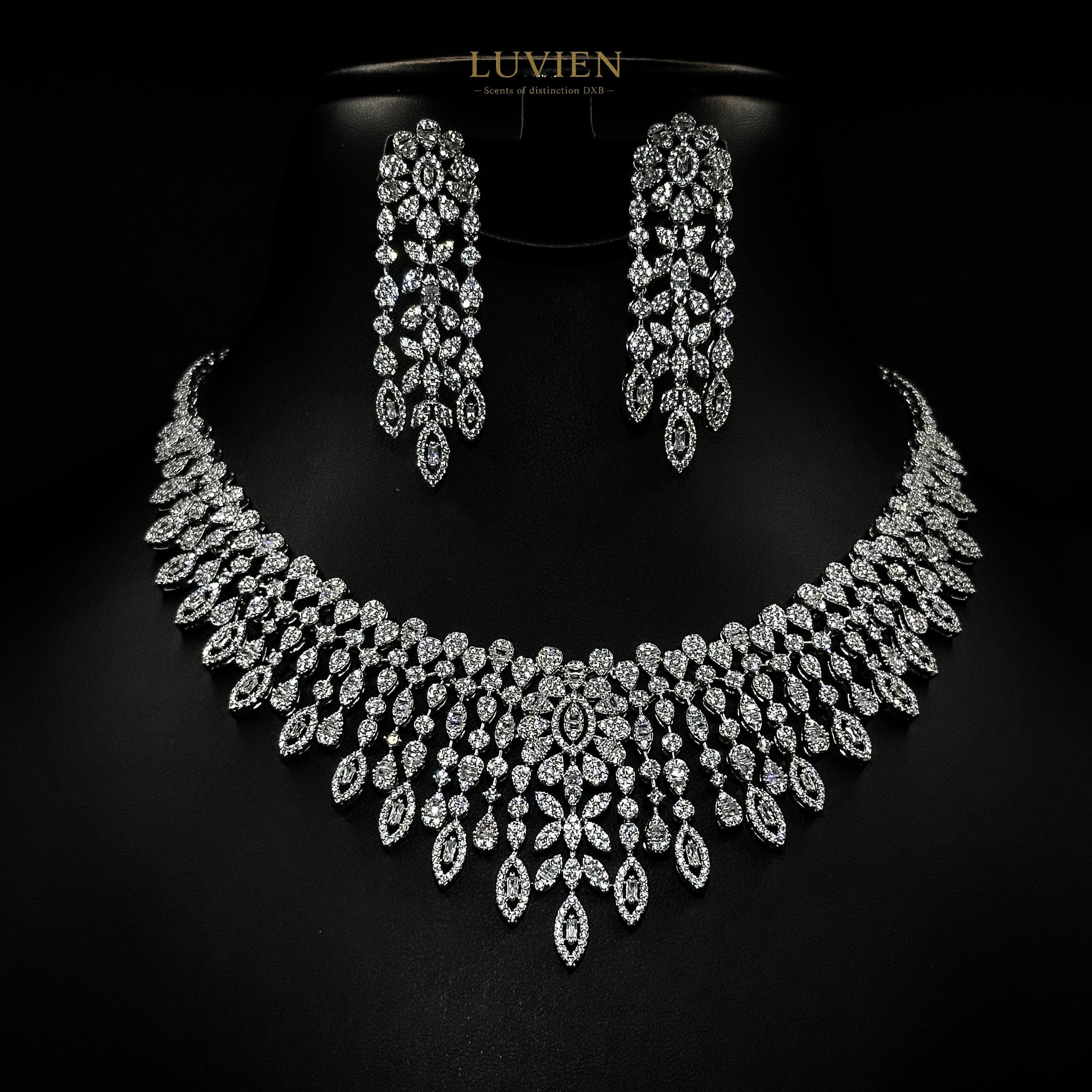 Luvien Bloom Alessia Luxury Bridal Jewelry Set Rhodium Plated Zirconia Wedding Set Choker, Chandelier Earrings, Statement Bangle & Cocktail Ring