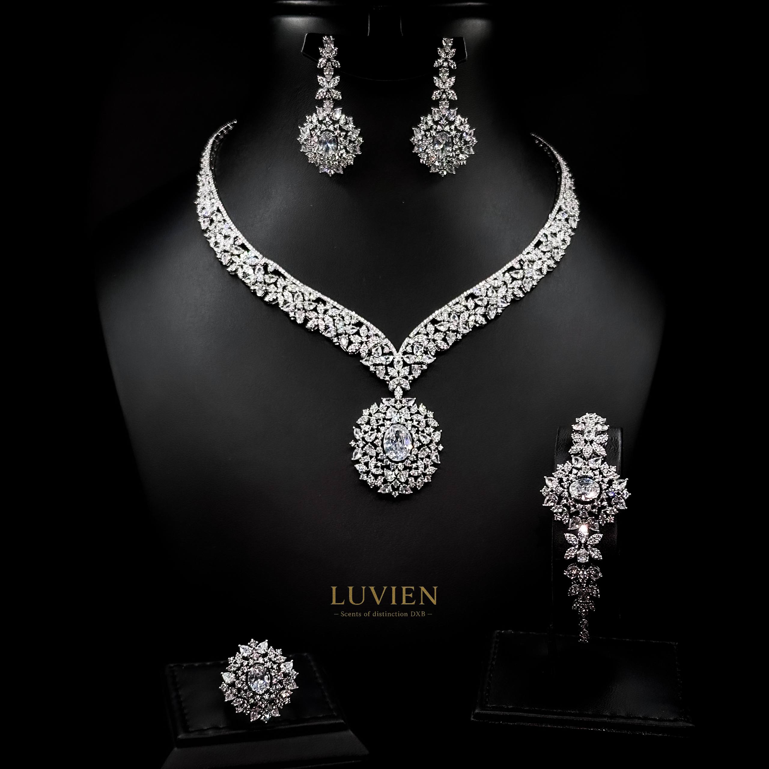 Luvien Bloom Elisse Luxury Bridal Jewelry Set Rhodium Plated Zirconia Wedding Set