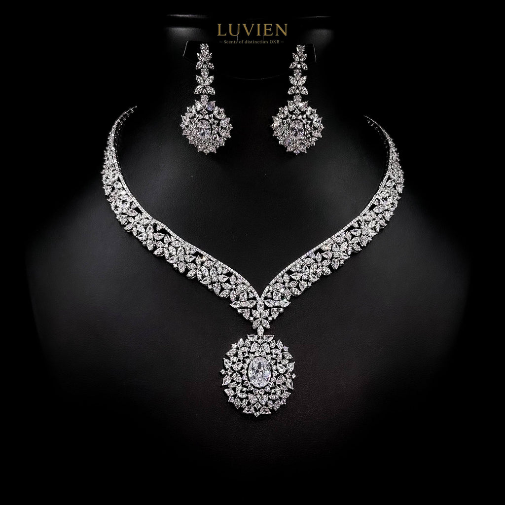 Luvien Bloom Elisse Luxury Bridal Jewelry Set Rhodium Plated Zirconia Wedding Set