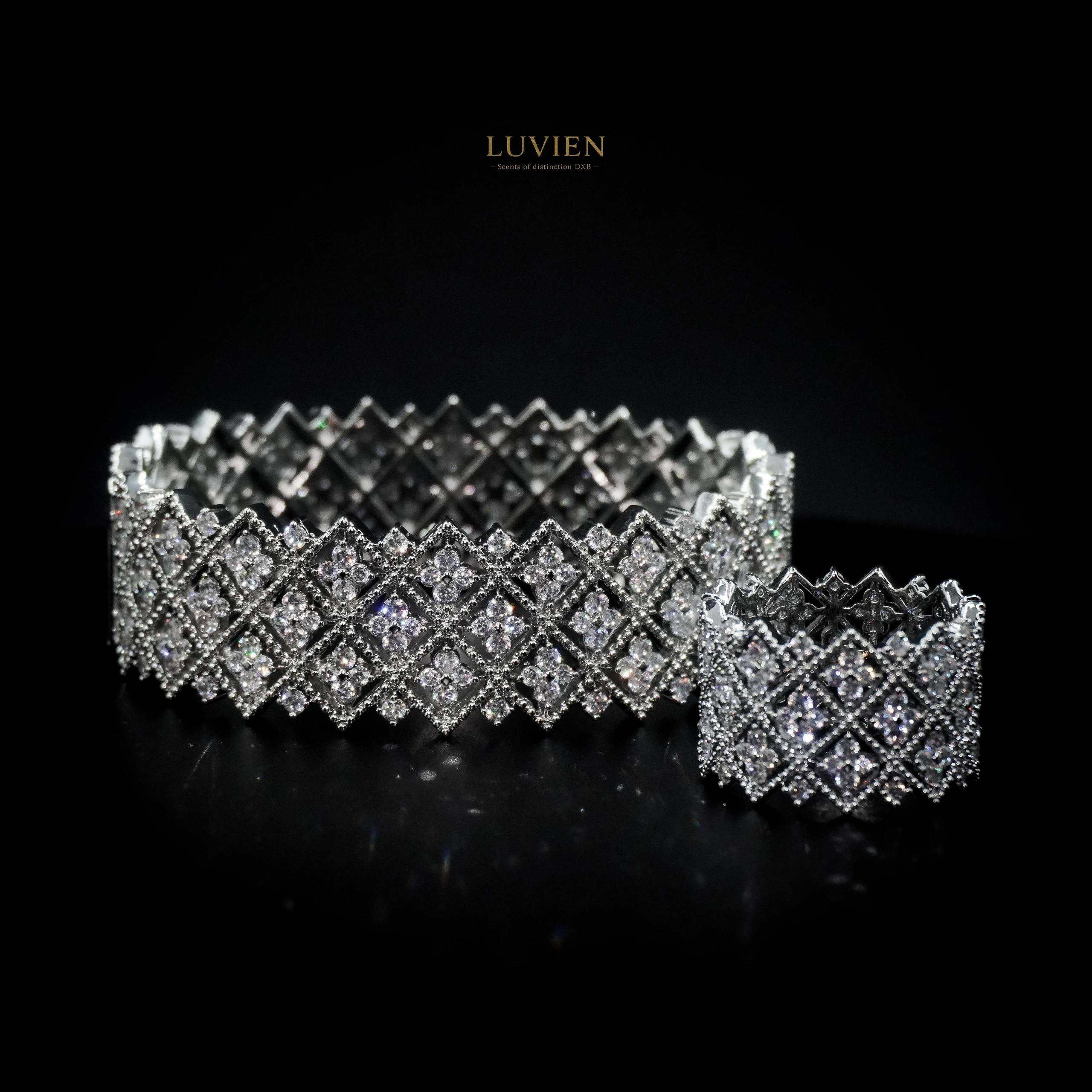 Luvien Bloom Mehreen Luxury Jewelry Set Rhodium Plated Zirconia Bangle & Ring (Size 8)