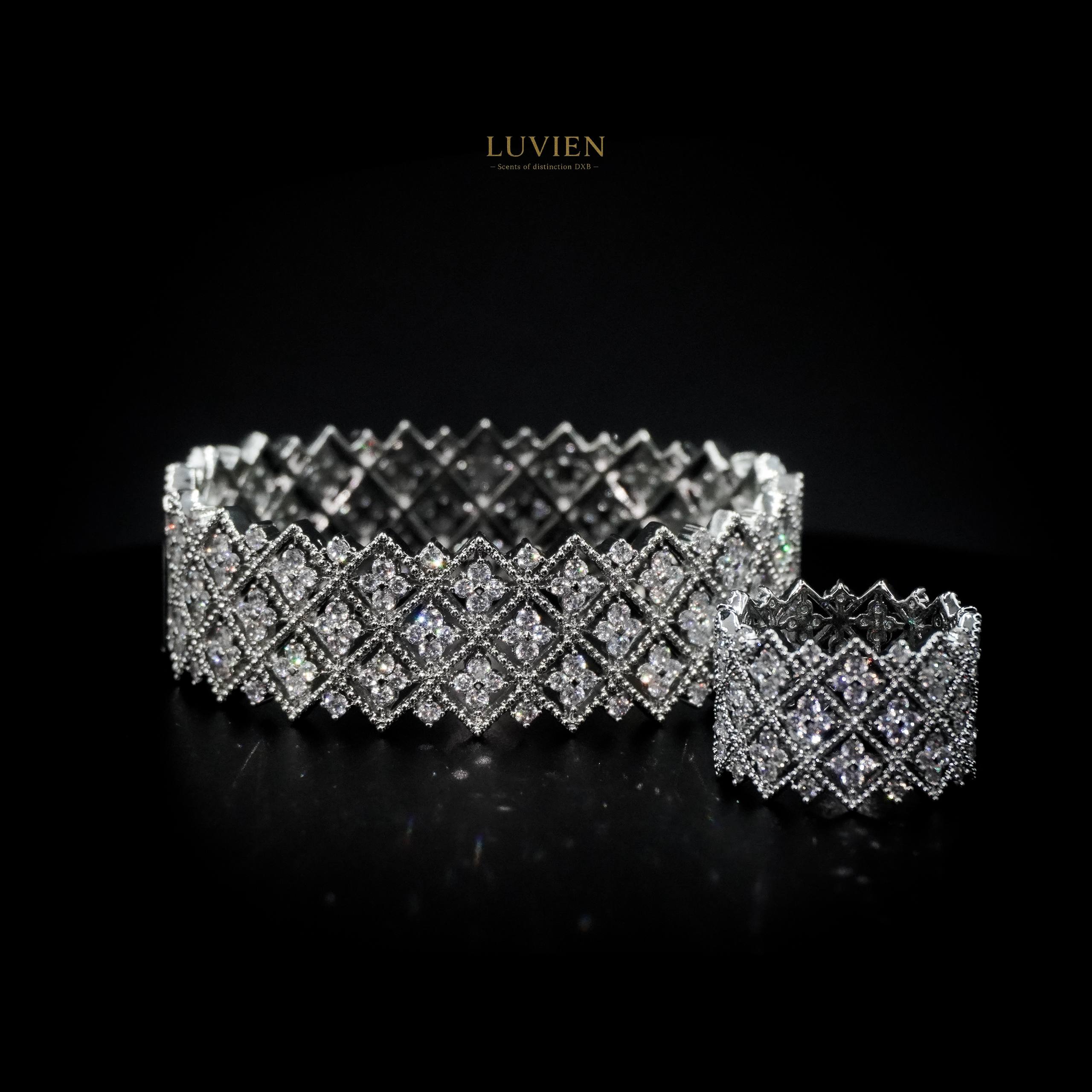 Luvien Bloom Mehreen Luxury Jewelry Set Rhodium Plated Zirconia Bangle & Ring (Size 8)