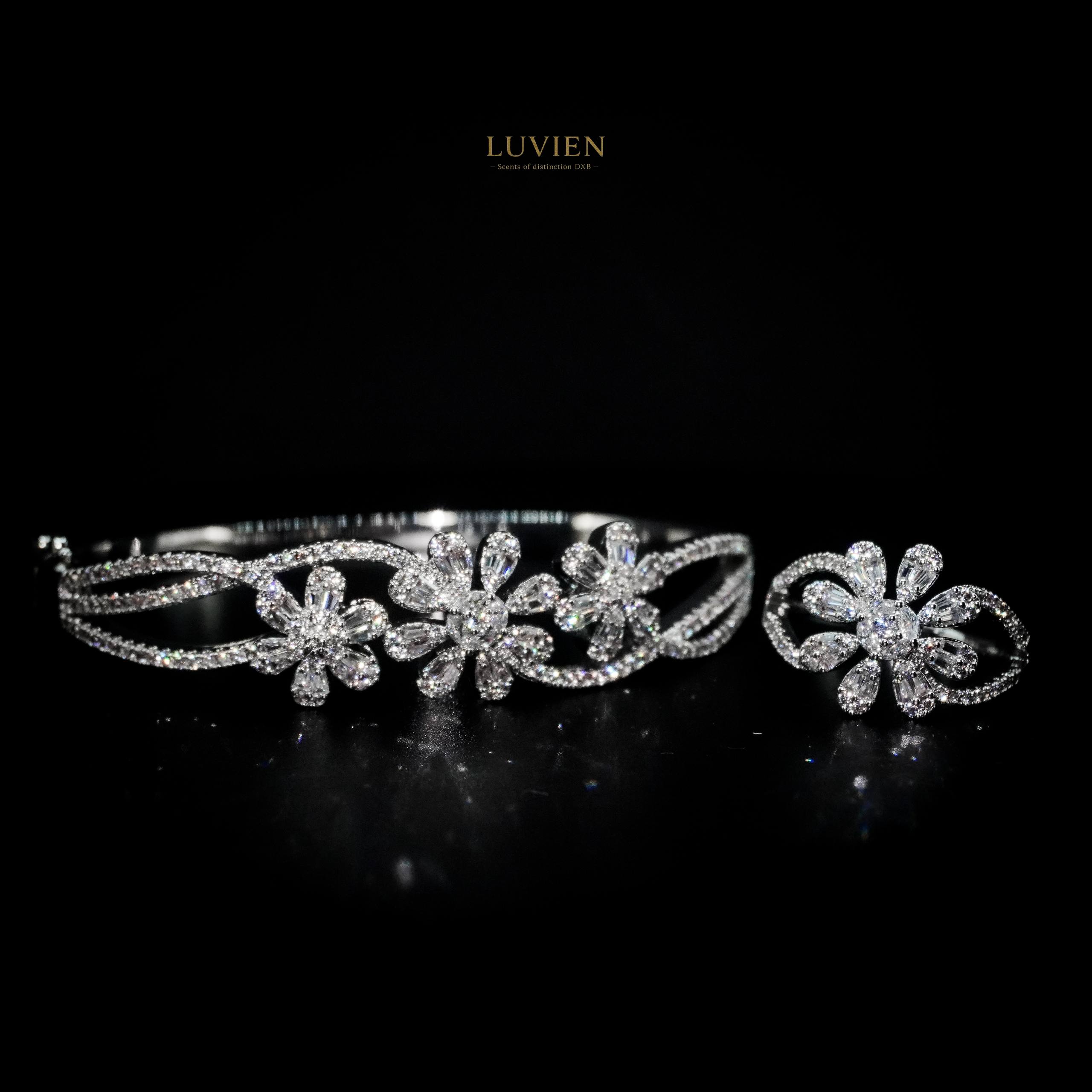 Luvien Bloom Selene Luxury Jewelry Set Rhodium Plated Zirconia Floral Bangle & Ring