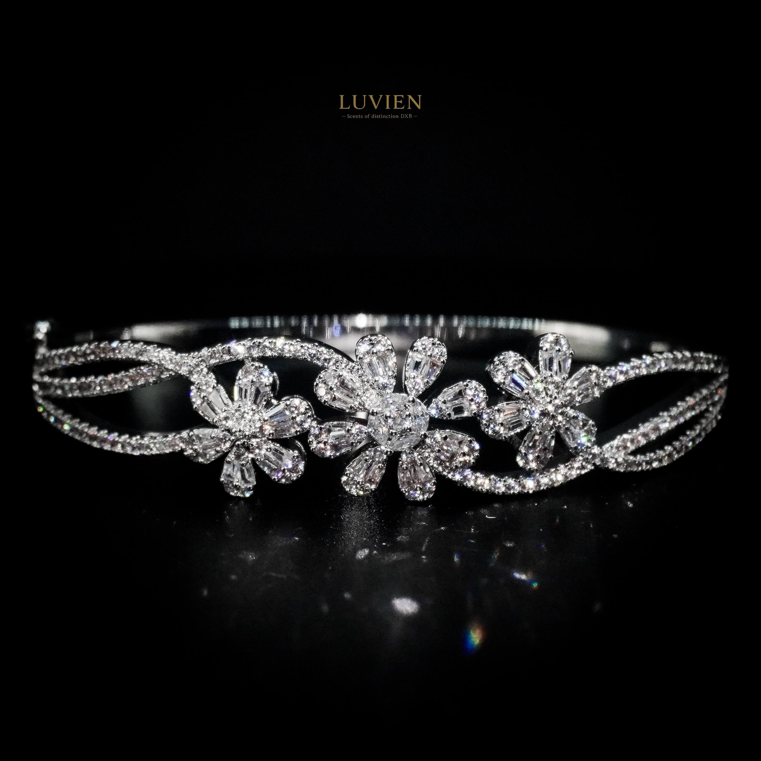 Luvien Bloom Selene Luxury Jewelry Set Rhodium Plated Zirconia Floral Bangle & Ring