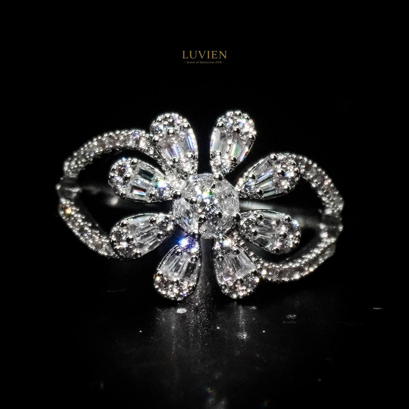 Luvien Bloom Selene Luxury Jewelry Set Rhodium Plated Zirconia Floral Bangle & Ring