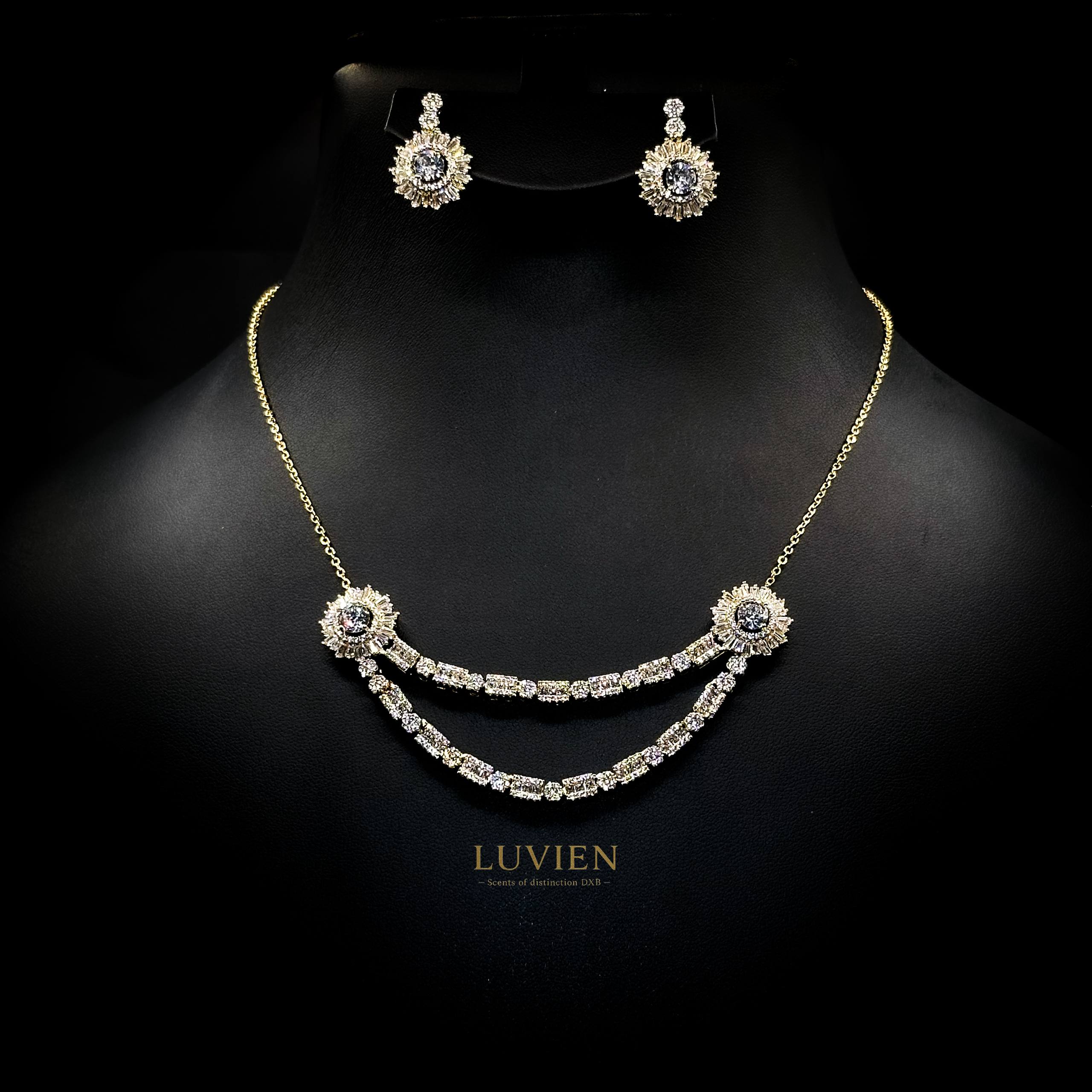 Luvien Bloom Athena Golden Luxury Bridal Jewelry Set Rhodium Plated Zirconia Petite Suite
