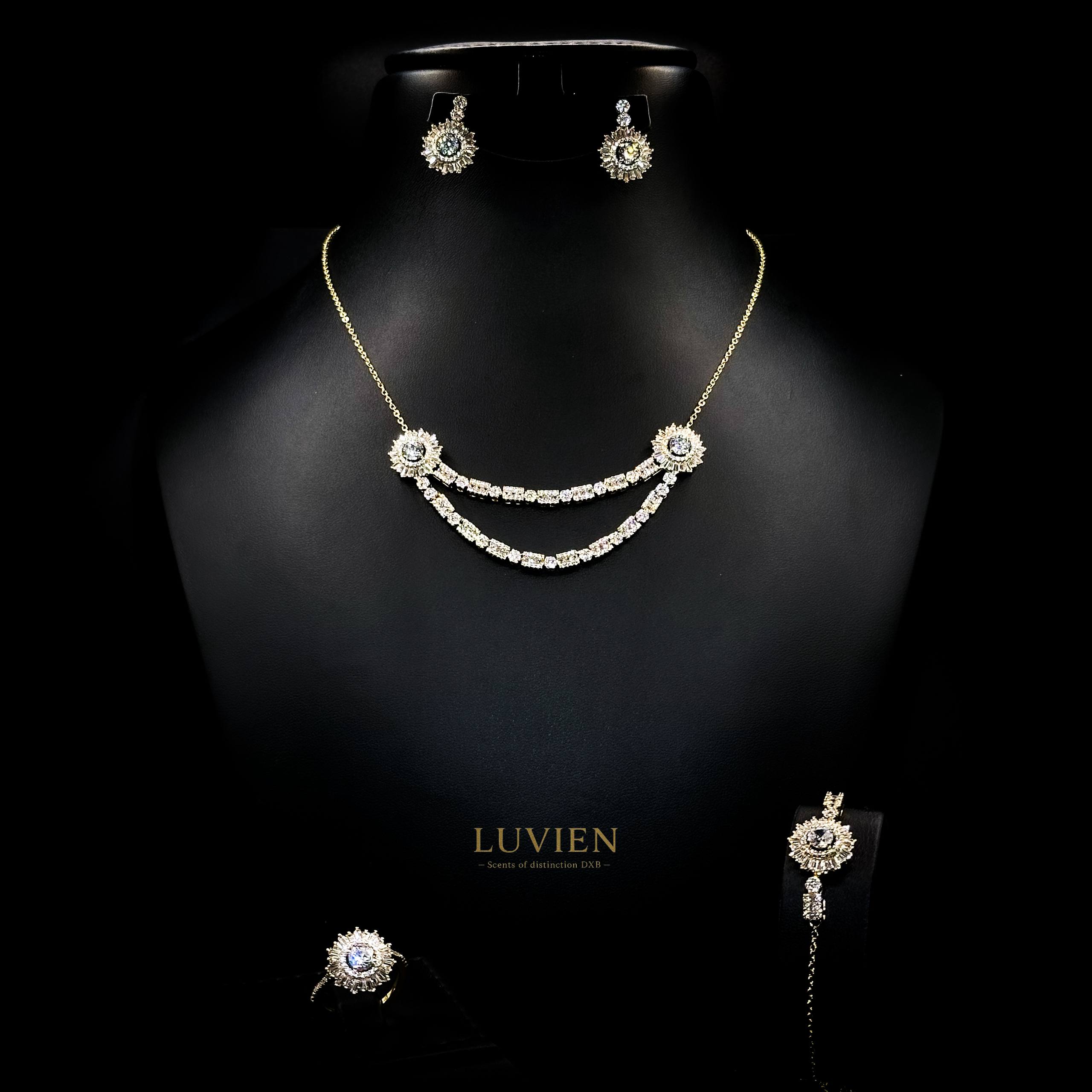 Luvien Bloom Athena Golden Luxury Bridal Jewelry Set Rhodium Plated Zirconia Petite Suite