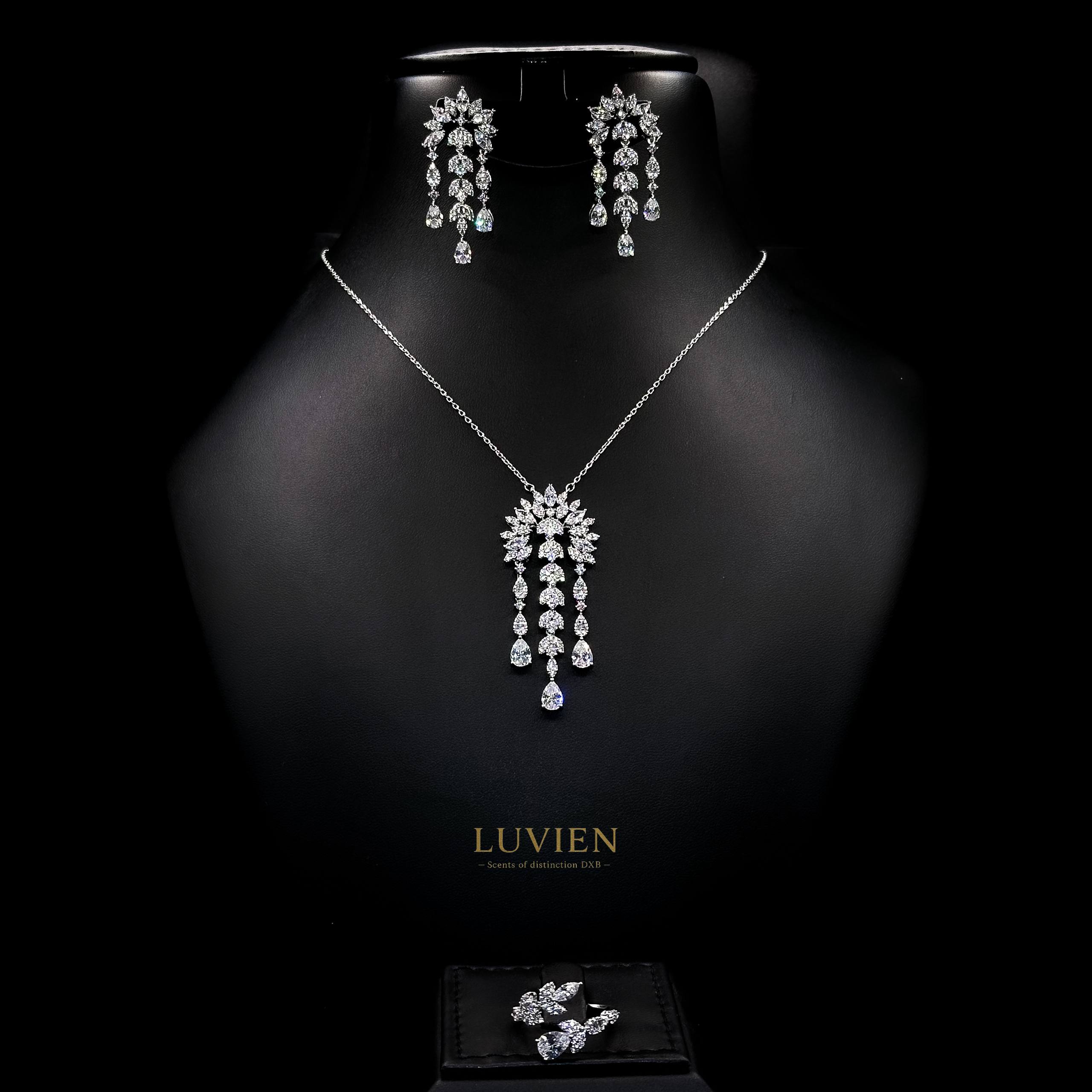 Luvien Bloom Venus Luxury Bridal Jewelry Set Rhodium Plated Zirconia Chandelier Suite