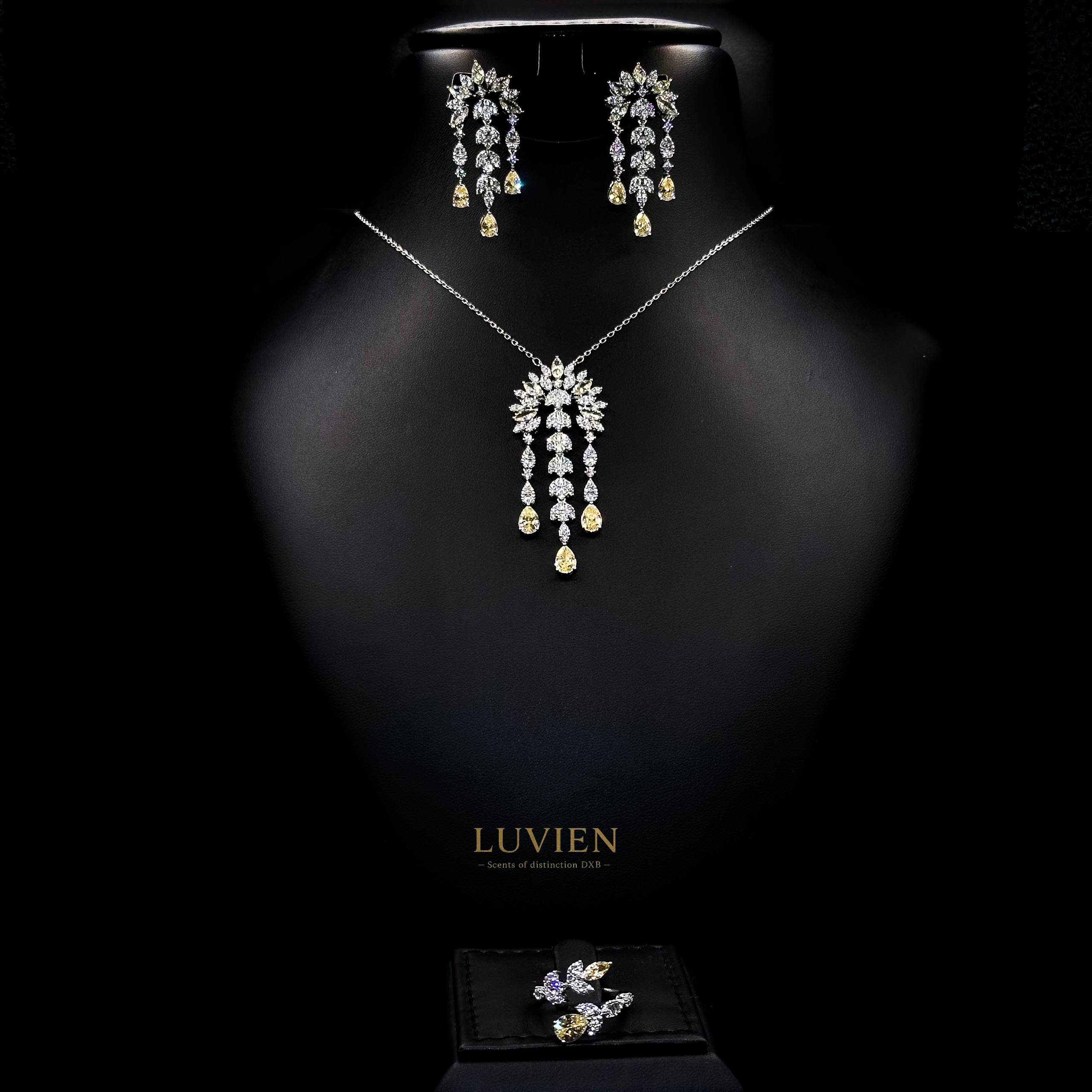 Luvien Bloom Aurora Luxury Bridal Jewelry Set Rhodium Plated Two-Tone White & Canary Zirconia Suite