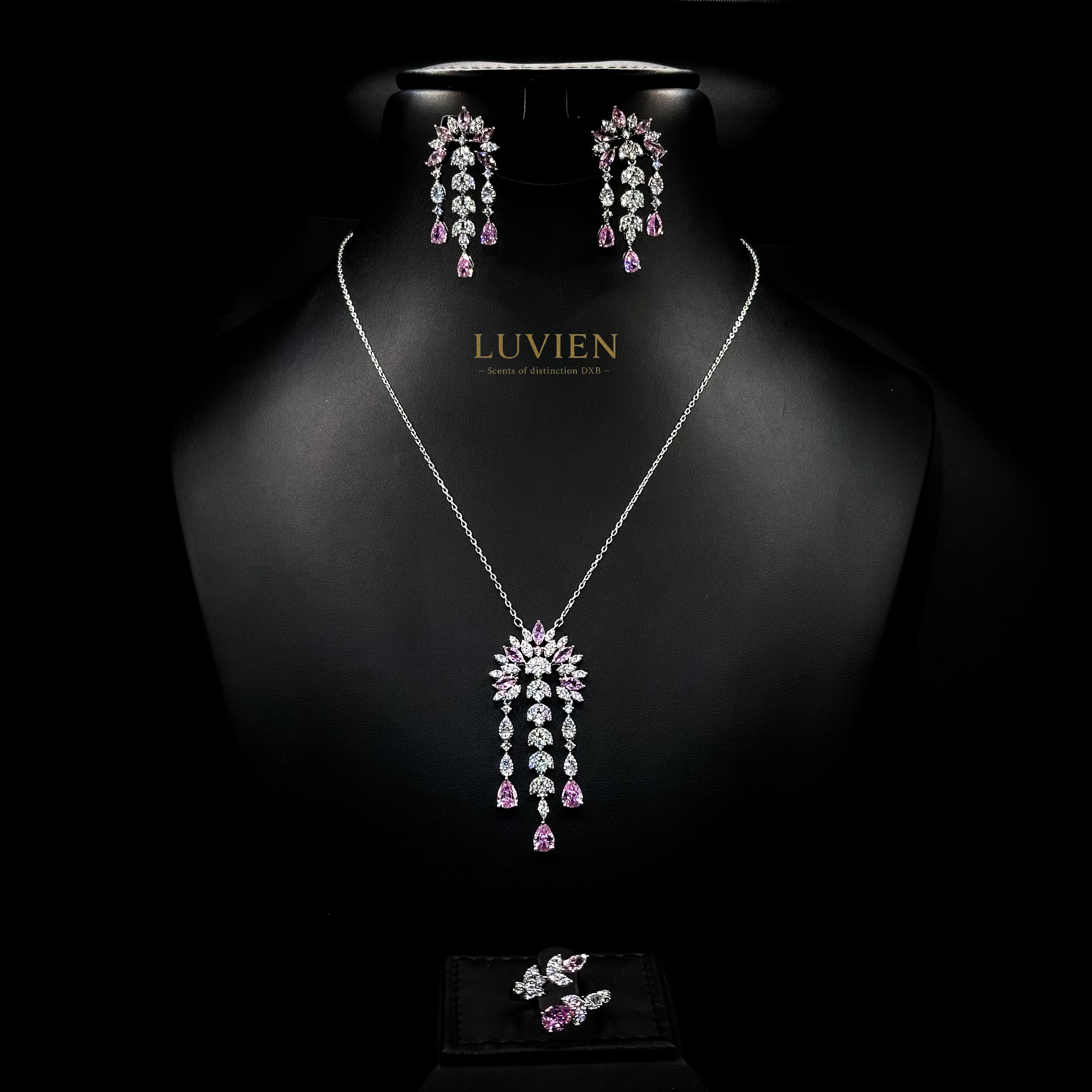 Luvien Bloom Aphrodite Luxury Bridal Jewelry Set Rhodium Plated Two-Tone White & Rose Pink Zirconia Suite