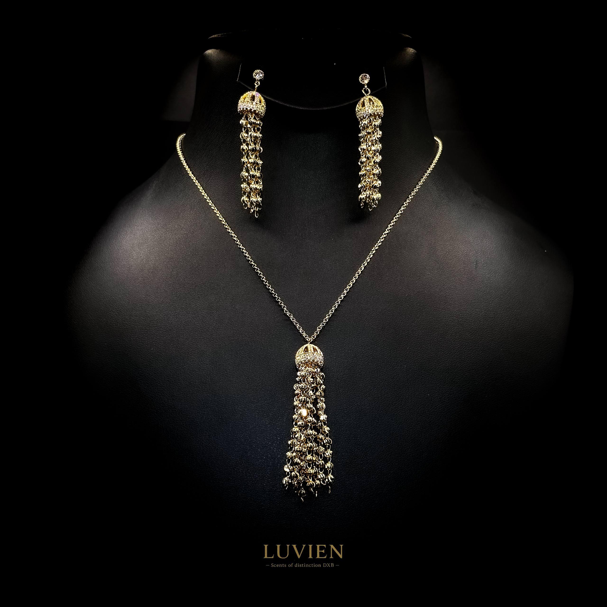 Luvien Bloom Estia Luxury Jewelry Set Gold Plated Long Tassel Necklace & Earrings