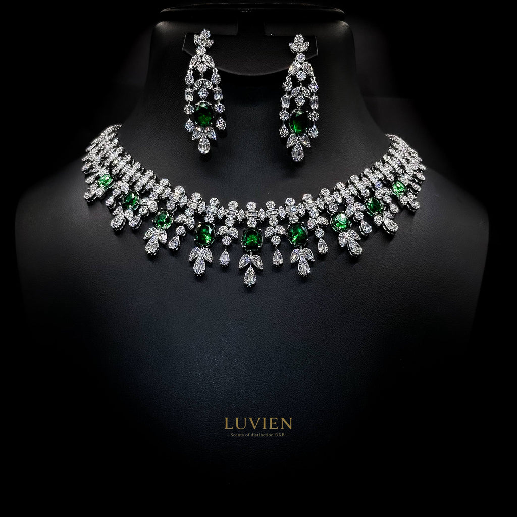 Luvien Bloom Gaia Royal Emerald Rhodium Plated Zirconia Bridal Full Set