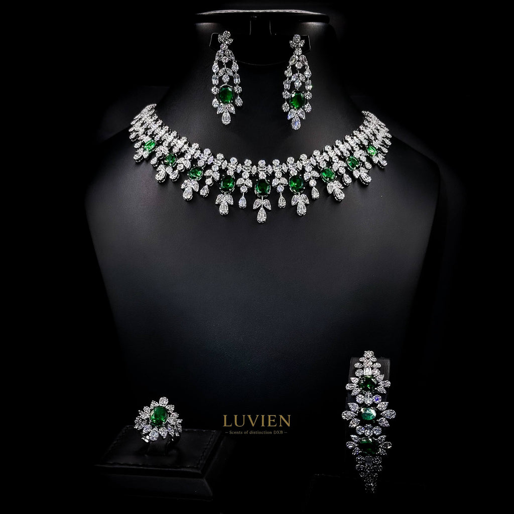 Luvien Bloom Gaia Royal Emerald Rhodium Plated Zirconia Bridal Full Set
