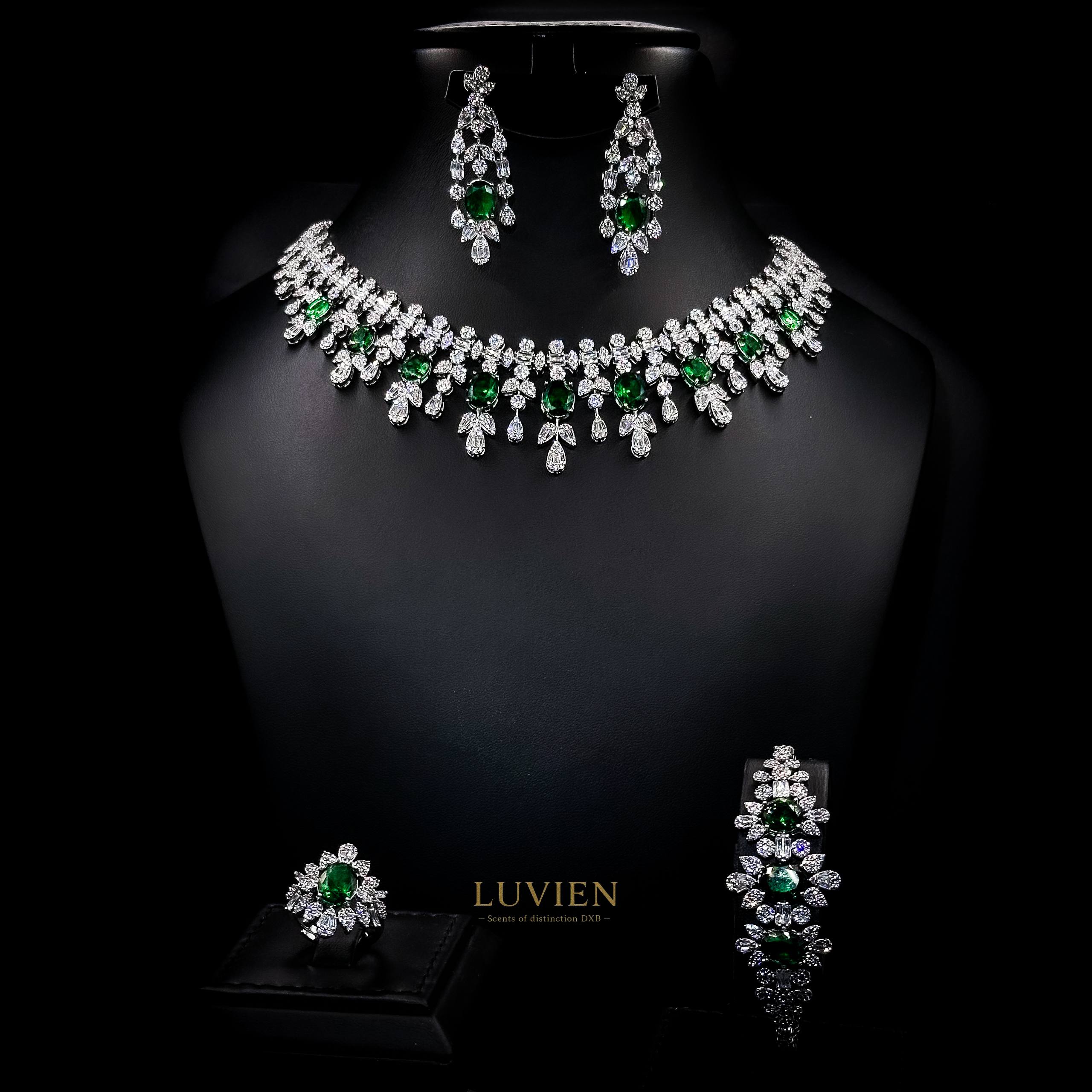 Luvien Bloom Gaia Royal Emerald Rhodium Plated Zirconia Bridal Full Set