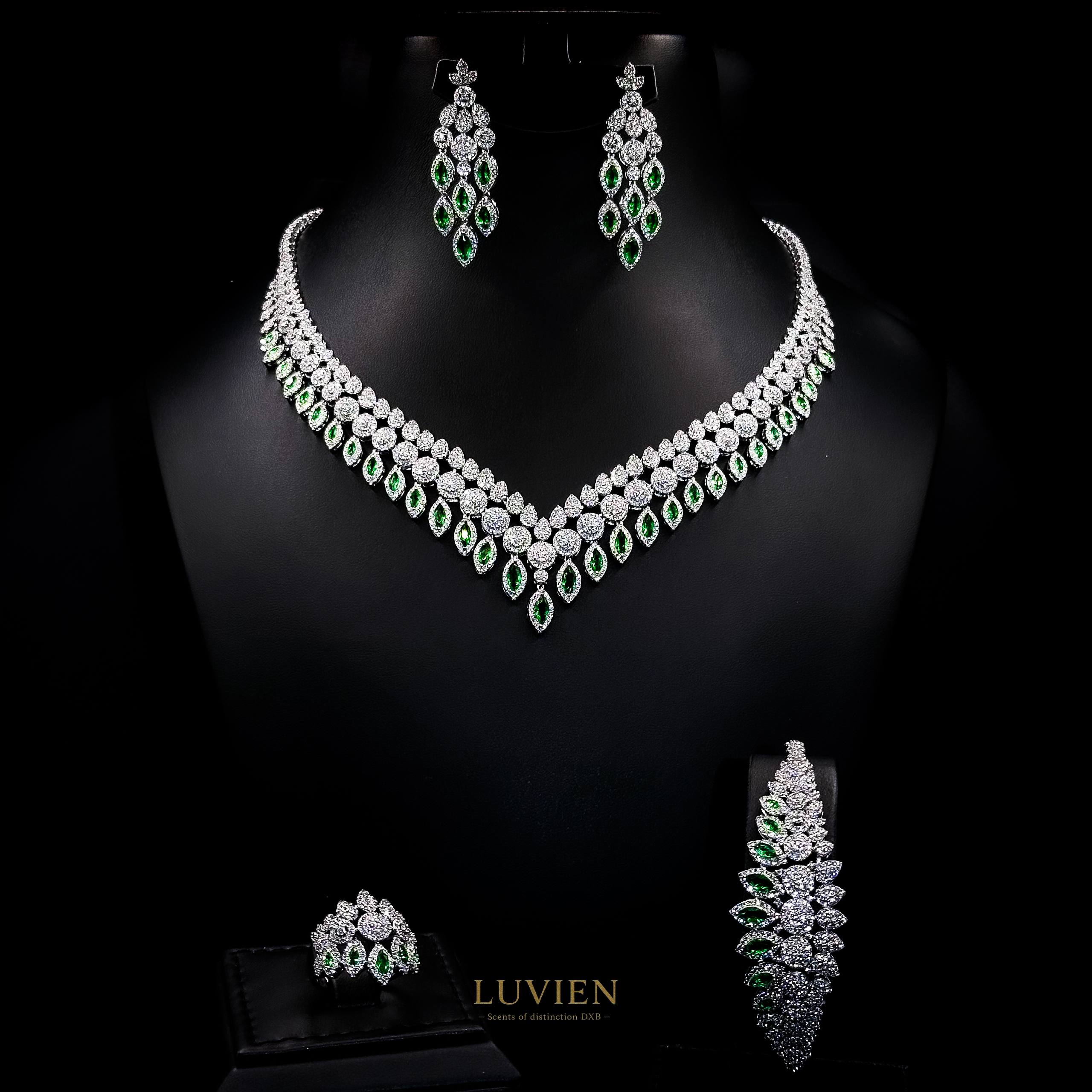 Luvien Bloom Themis Emerald Majesty Rhodium Plated Zirconia Bridal Full Set
