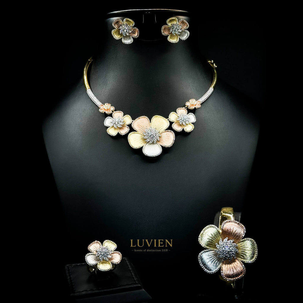 طقم زفاف كامل من الزركونيا الزهرية ثلاثية الألوان من لوفين دومينغو